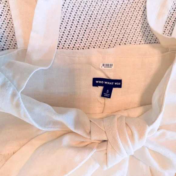 WHO WHAT WEAR Linen Cream Off-White Midi Dress w Tie Bow Chest - Picture 5 of 12